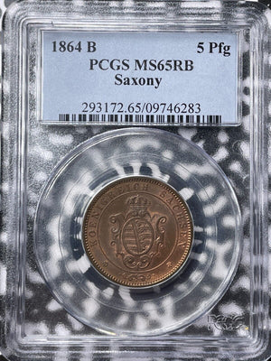 1864-B Germany Saxony 5 Pfennig PCGS MS65RB Lot#G6222 Gem BU!