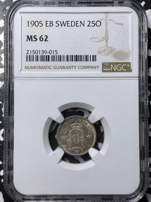 1905-EB Sweden 25 Ore NGC MS62 Lot#G6847 Silver! Nice UNC!