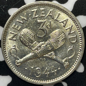 1944 New Zealand 3 Pence Threepence Lot#M6651 Silver! High Grade! Beautiful!