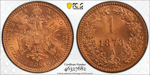 1873-A Austria 1 Kreuzer PCGS MS65RD Lot#G4621 Gem BU!