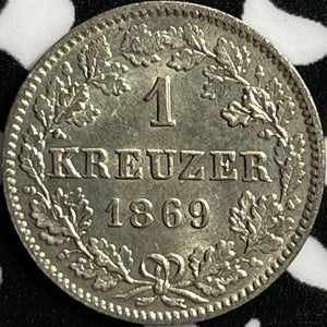 1869 Germany Wurttemburg 1 Kreuzer Lot#D5028 Silver! High Grade! Beautiful!
