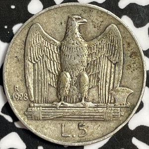 1928-R Italy 5 Lire Lot#M9099 Silver! Better Date