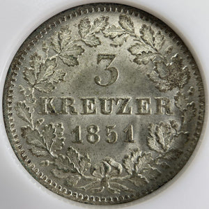 1851 Germany Baden 3 Kreuzer NGC MS66 Lot#G6304 Gem BU!