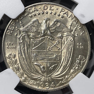 1934 Panama 1/4 Balboa NGC AU58 Lot#G6543 Silver!