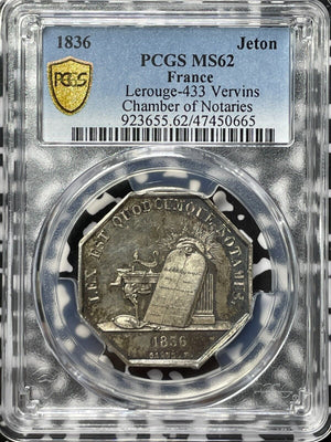 1836 France Notaries Of Vervins Jeton PCGS MS62 Lot#G5198 Silver! Lerouge-433