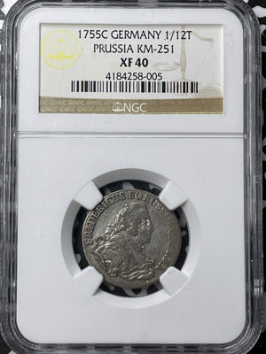 1755-C Germany Prussia 1/12 Thaler NGC XF40 Lot#G6332 Silver! KM#251 Better Date