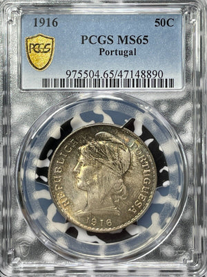 1916 Portugal 50 Centavos PCGS MS65 Lot#G5434 Silver! Beautiful Toning!