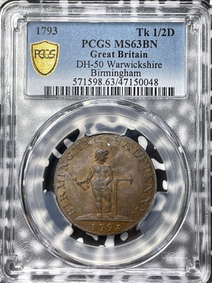 1793 G.B. Warwickshire Birmingham 1/2 Penny Conder Token PCGS MS63BN Lot#G5533
