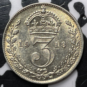 1918 Great Britain 3 Pence Threepence Lot#D5241 Silver! High Grade! Beautiful!