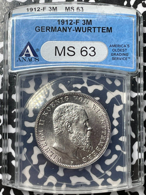 1912-F Germany Wurttemberg 3 Mark ANACS MS63 Lot#G6293 Silver! Choice UNC!