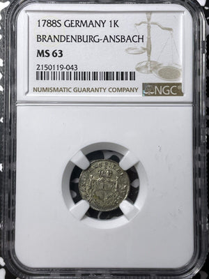 1788-S Germany Brandenburg-Ansbach 1 Kreuzer NGC MS63 Lot#G6736 Choice UNC!