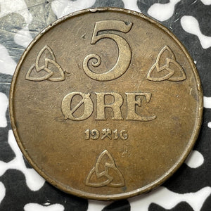 1916 Norway 5 Ore Lot#D1299 Key Date!