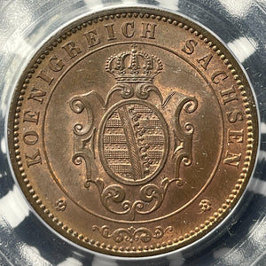 1864-B Germany Saxony 5 Pfennig PCGS MS65RB Lot#G6222 Gem BU!