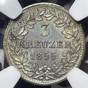 1855 Germany Baden 3 Kreuzer NGC MS64 Lot#G6307 Choice UNC!