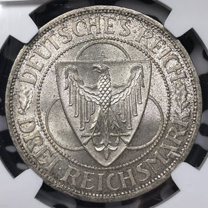 1930-A Germany Rhineland 3 Mark NGC MS63 Lot#G6027 Silver! Choice UNC!