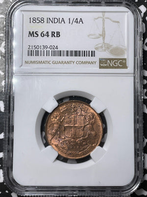 1858 India 1/4 Anna NGC MS64RB Lot#G6812 Choice UNC!