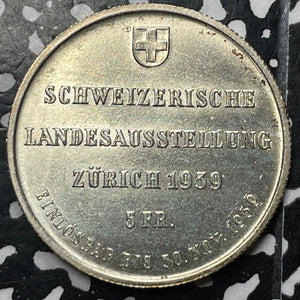 1939 Switzerland Zurich Exposition 5 Francs Lot#JM5547 Silver! High Grade! KM#43