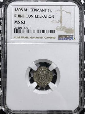 1808-BH Germany Rhineland Confederation 1 Kreuzer NGC MS63 Lot#G6629 Silver!
