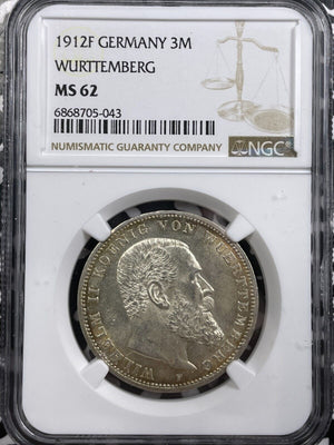 1912-F Germany Wurttemberg 3 Mark NGC MS62 Lot#G6575 Silver! Nice UNC!