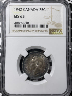 1942 Canada 25 Cents NGC MS63 Lot#G6435 Silver! Choice UNC!