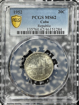 1952 Caribbean 20 Centavos PCGS MS62 Lot#G3983 Silver! 50th Ann. Of Rep.