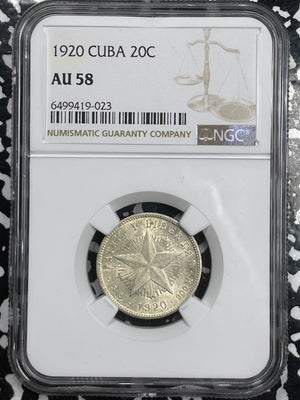 1920 Caribbean 20 Centavos NGC AU58 Lot#G4301 Silver!