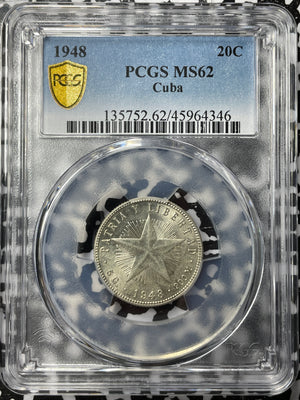 1948 Caribbean 20 Centavos PCGS MS62 Lot#G3794 Silver! Nice UNC!