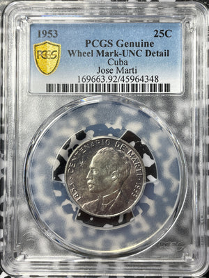 1953 Caribbean 25 Centavos PCGS Wheel Mark-UNC Detail Lot#G3796 Silver!
